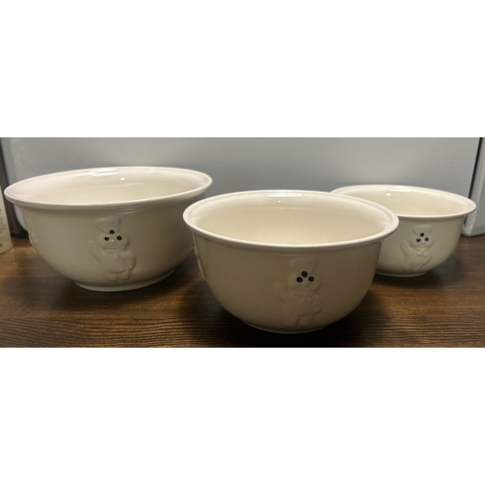 Pillsbury Doughboy Ceramic Nesting Mixing Bowl Set of 3 Cream Poppin Fresh VTG